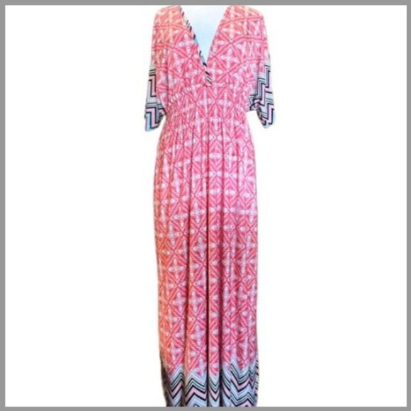 Zara Dresses & Skirts - Relaxx Boho Geometric Pink Blue Maxi Dress Chevron Hem  Kimono Sleeves 2XL